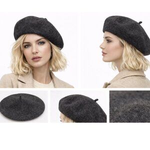 Wool Beret Hat Dark Grey Classic Parisian Soft Knit Cozy Chic Winter